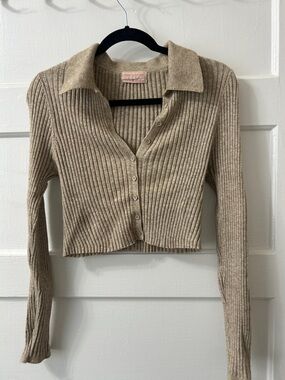 Urban Outfitters Tan Ribbed Button-Front Collared Crop Cardigan